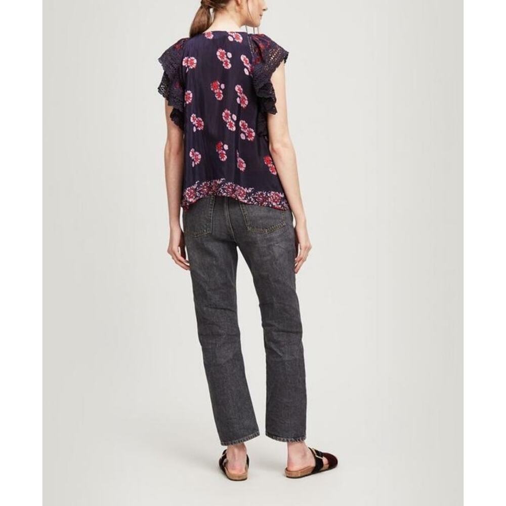 Sea New York Floral Ruffle Sleeve Blouse Navy Red Pom Detail 2 - Picture 8 of 16